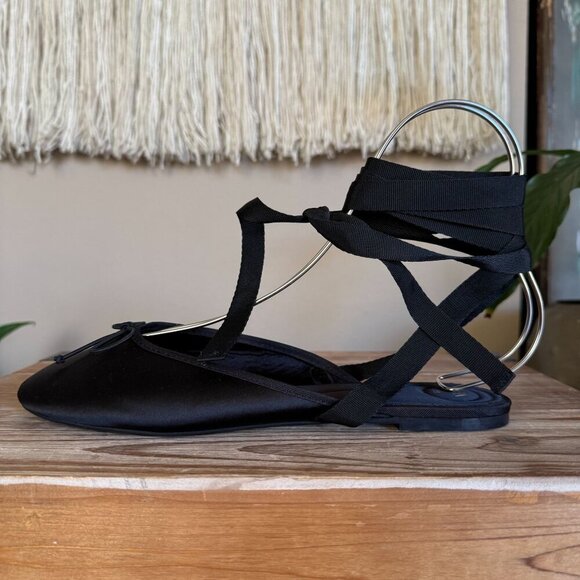 Zara Black Satin Mule Ankle Wrap Bow Detail Minimalist Ballet Flat Size 39 / 8 - Picture 6 of 15